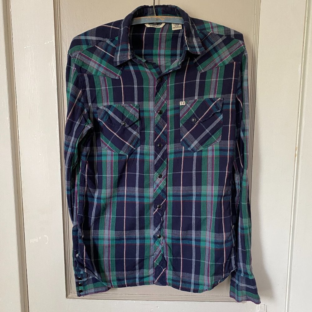 Salt Valley Urban Outfitters Western Plaid Long Sleeve Snap Shirt, Size Small